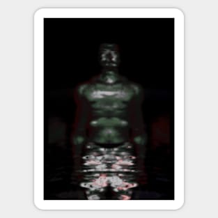 Portrait, digital collage and special processing. Muscular weird guy in briefs. Darkness. Glow. Green, gray. Sticker